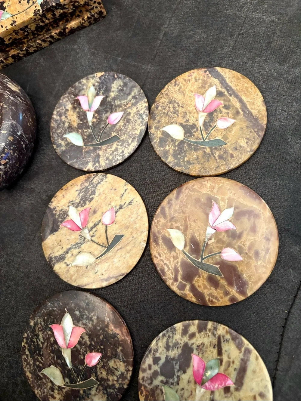 Rare Vintage Agate Stone Mother of Pearl Handmaid Carved Trinket Box & Coasters
